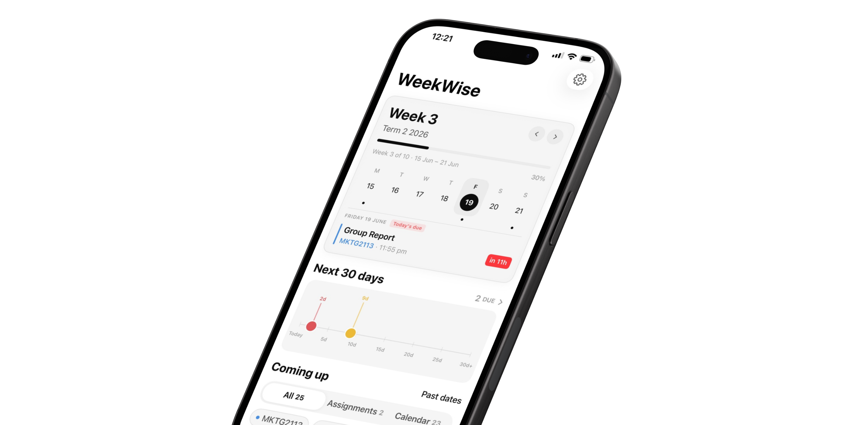 WeekWise app showing current teaching week, upcoming assignments, and next 30 days view
