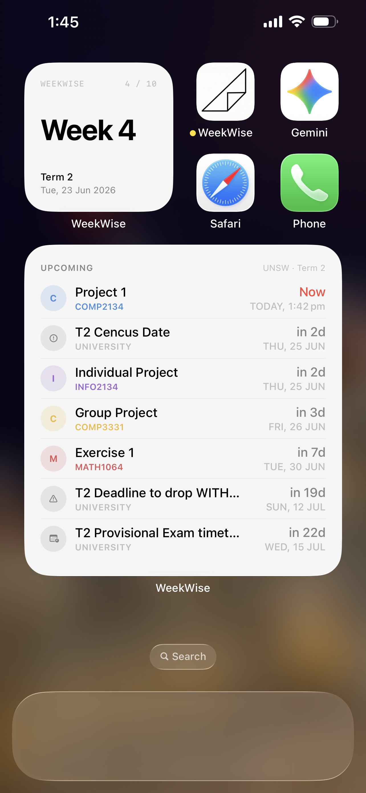 WeekWise home screen with large upcoming dates widget