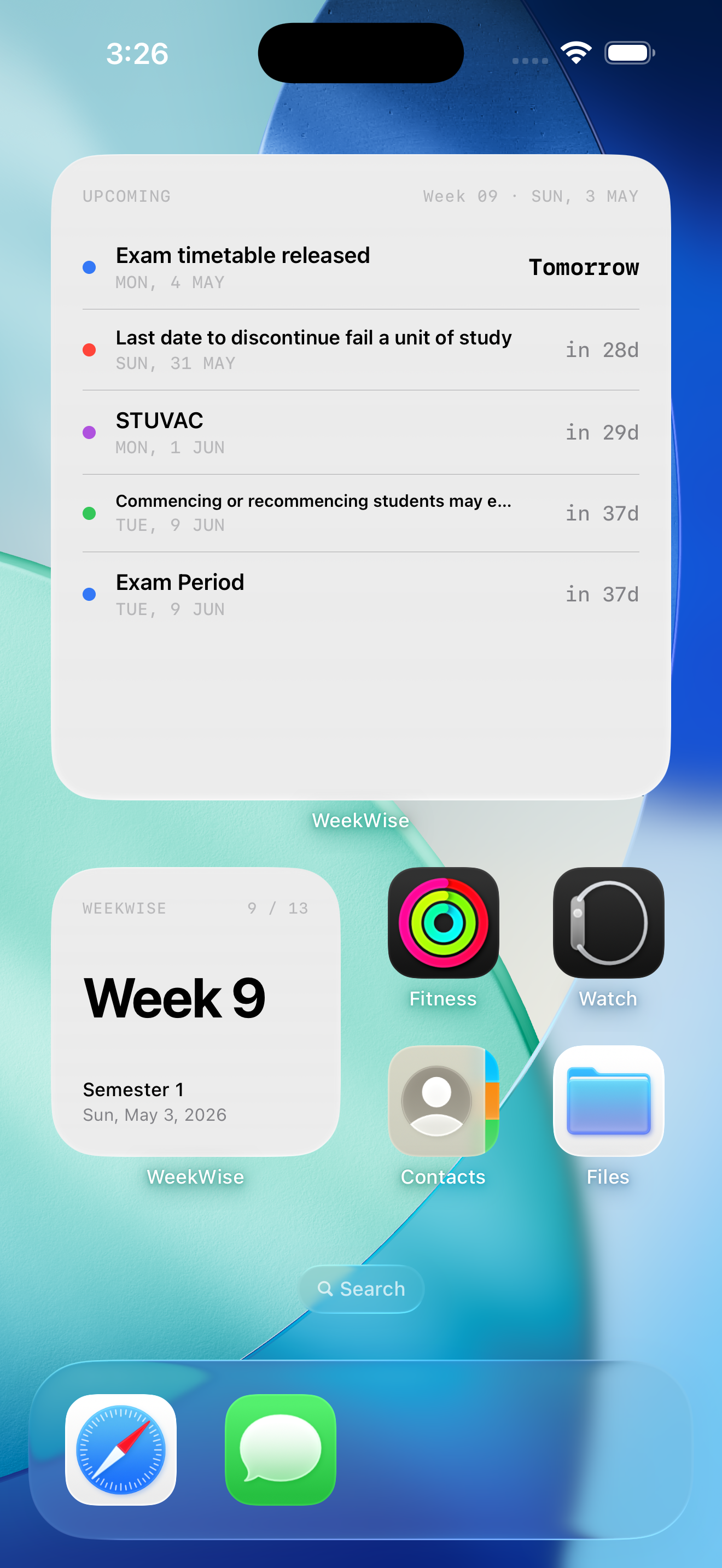 WeekWise home screen with large upcoming dates widget